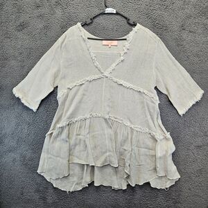 Scandal Italy Tops Womens One Size‎ Gray V-Neck Tiered Peasant Blouse Fringe